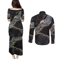Polynesian Tribal Tattoo Couples Matching Puletasi and Long Sleeve Button Shirt Dark Marble Pattern LT9 - Polynesian Pride