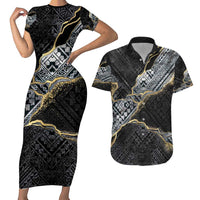 Polynesian Tribal Tattoo Couples Matching Short Sleeve Bodycon Dress and Hawaiian Shirt Dark Marble Pattern LT9 Black - Polynesian Pride