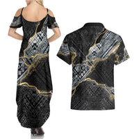 Polynesian Tribal Tattoo Couples Matching Summer Maxi Dress and Hawaiian Shirt Dark Marble Pattern LT9 - Polynesian Pride