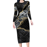 Polynesian Tribal Tattoo Family Matching Long Sleeve Bodycon Dress and Hawaiian Shirt Dark Marble Pattern