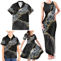 Polynesian Tribal Tattoo Family Matching Tank Maxi Dress and Hawaiian Shirt Dark Marble Pattern