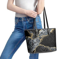 Polynesian Tribal Tattoo Leather Tote Bag Dark Marble Pattern