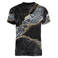 Polynesian Tribal Tattoo Women V-Neck T-Shirt Dark Marble Pattern LT9 - Polynesian Pride