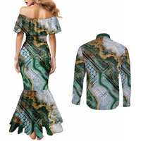 Polynesian Tribal Tattoo Couples Matching Mermaid Dress and Long Sleeve Button Shirt Green Marble Pattern LT9 - Polynesian Pride