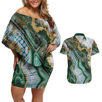 Polynesian Tribal Tattoo Couples Matching Off Shoulder Short Dress and Hawaiian Shirt Green Marble Pattern LT9 Green - Polynesian Pride