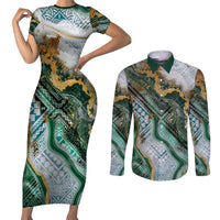 Polynesian Tribal Tattoo Couples Matching Short Sleeve Bodycon Dress and Long Sleeve Button Shirt Green Marble Pattern LT9 Green - Polynesian Pride