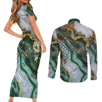 Polynesian Tribal Tattoo Couples Matching Short Sleeve Bodycon Dress and Long Sleeve Button Shirt Green Marble Pattern LT9 - Polynesian Pride