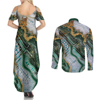 Polynesian Tribal Tattoo Couples Matching Summer Maxi Dress and Long Sleeve Button Shirt Green Marble Pattern LT9 - Polynesian Pride
