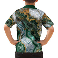 Polynesian Tribal Tattoo Family Matching Off The Shoulder Long Sleeve Dress and Hawaiian Shirt Green Marble Pattern