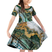 Polynesian Tribal Tattoo Family Matching Off Shoulder Short Dress and Hawaiian Shirt Green Marble Pattern