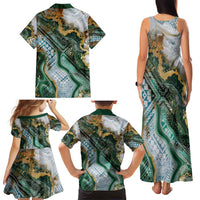 Polynesian Tribal Tattoo Family Matching Tank Maxi Dress and Hawaiian Shirt Green Marble Pattern