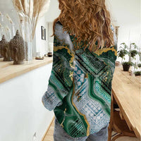 Polynesian Tribal Tattoo Women Casual Shirt Green Marble Pattern