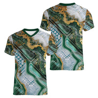 Polynesian Tribal Tattoo Women V-Neck T-Shirt Green Marble Pattern LT9 - Polynesian Pride
