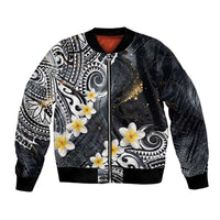 Polynesian Tribal Tattoo Bomber Jacket Plumeria Black Gold Marble Pattern