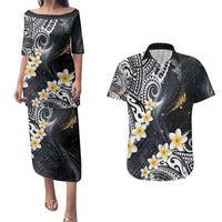 Polynesian Tribal Tattoo Couples Matching Puletasi and Hawaiian Shirt Plumeria Black Gold Marble Pattern LT9 Black - Polynesian Pride