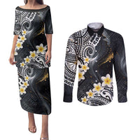 Polynesian Tribal Tattoo Couples Matching Puletasi and Long Sleeve Button Shirt Plumeria Black Gold Marble Pattern LT9 Black - Polynesian Pride