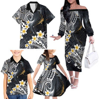 Polynesian Tribal Tattoo Family Matching Off The Shoulder Long Sleeve Dress and Hawaiian Shirt Plumeria Black Gold Marble Pattern
