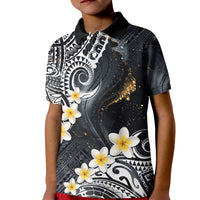 Polynesian Tribal Tattoo Kid Polo Shirt Plumeria Black Gold Marble Pattern