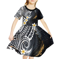 Polynesian Tribal Tattoo Kid Short Sleeve Dress Plumeria Black Gold Marble Pattern