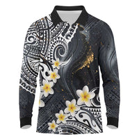 Polynesian Tribal Tattoo Long Sleeve Polo Shirt Plumeria Black Gold Marble Pattern