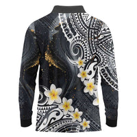 Polynesian Tribal Tattoo Long Sleeve Polo Shirt Plumeria Black Gold Marble Pattern