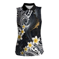 Polynesian Tribal Tattoo Women Sleeveless Polo Shirt Plumeria Black Gold Marble Pattern