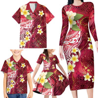 Polynesian Tribal Tattoo Family Matching Long Sleeve Bodycon Dress and Hawaiian Shirt Plumeria Blood Red and Gold Marble Pattern