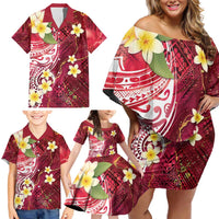 Polynesian Tribal Tattoo Family Matching Off Shoulder Short Dress and Hawaiian Shirt Plumeria Blood Red and Gold Marble Pattern