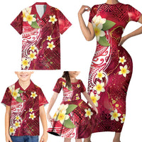 Polynesian Tribal Tattoo Family Matching Short Sleeve Bodycon Dress and Hawaiian Shirt Plumeria Blood Red and Gold Marble Pattern