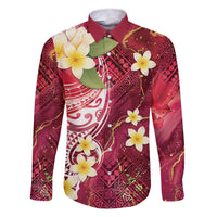 Polynesian Tribal Tattoo Family Matching Short Sleeve Bodycon Dress and Hawaiian Shirt Plumeria Blood Red and Gold Marble Pattern