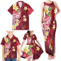 Polynesian Tribal Tattoo Family Matching Tank Maxi Dress and Hawaiian Shirt Plumeria Blood Red and Gold Marble Pattern