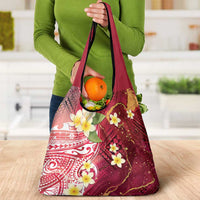 Polynesian Tribal Tattoo Grocery Bag Plumeria Blood Red and Gold Marble Pattern