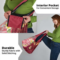 Polynesian Tribal Tattoo Grocery Bag Plumeria Blood Red and Gold Marble Pattern