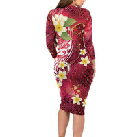 Polynesian Tribal Tattoo Long Sleeve Bodycon Dress Plumeria Blood Red and Gold Marble Pattern LT9 - Polynesian Pride