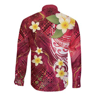 Polynesian Tribal Tattoo Long Sleeve Button Shirt Plumeria Blood Red and Gold Marble Pattern LT9 - Polynesian Pride