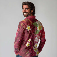 Polynesian Tribal Tattoo Long Sleeve Polo Shirt Plumeria Blood Red and Gold Marble Pattern