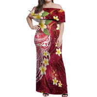 Polynesian Tribal Tattoo Off Shoulder Maxi Dress Plumeria Blood Red and Gold Marble Pattern LT9 Women Red - Polynesian Pride