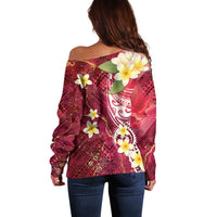 Polynesian Tribal Tattoo Off Shoulder Sweater Plumeria Blood Red and Gold Marble Pattern