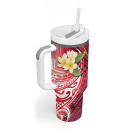 Polynesian Tribal Tattoo Tumbler With Handle Plumeria Blood Red and Gold Marble Pattern LT9 - Polynesian Pride