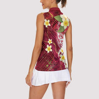 Polynesian Tribal Tattoo Women Sleeveless Polo Shirt Plumeria Blood Red and Gold Marble Pattern