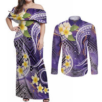 Polynesian Tribal Tattoo Couples Matching Off Shoulder Maxi Dress and Long Sleeve Button Shirt Plumeria Purple Marble Pattern LT9 Purple - Polynesian Pride