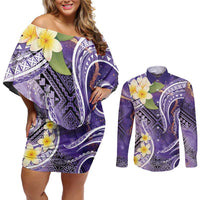 Polynesian Tribal Tattoo Couples Matching Off Shoulder Short Dress and Long Sleeve Button Shirt Plumeria Purple Marble Pattern LT9 Purple - Polynesian Pride