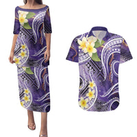 Polynesian Tribal Tattoo Couples Matching Puletasi and Hawaiian Shirt Plumeria Purple Marble Pattern LT9 Purple - Polynesian Pride