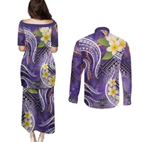 Polynesian Tribal Tattoo Couples Matching Puletasi and Long Sleeve Button Shirt Plumeria Purple Marble Pattern LT9 - Polynesian Pride