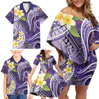 Polynesian Tribal Tattoo Family Matching Off Shoulder Short Dress and Hawaiian Shirt Plumeria Purple Marble Pattern
