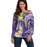 Polynesian Tribal Tattoo Off Shoulder Sweater Plumeria Purple Marble Pattern