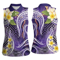 Polynesian Tribal Tattoo Women Sleeveless Polo Shirt Plumeria Purple Marble Pattern