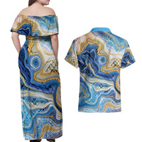 Polynesian Tribal Tattoo Couples Matching Off Shoulder Maxi Dress and Hawaiian Shirt Swirling Ocean Marble Pattern LT9 - Polynesian Pride