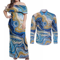 Polynesian Tribal Tattoo Couples Matching Off Shoulder Maxi Dress and Long Sleeve Button Shirt Swirling Ocean Marble Pattern LT9 Ocean - Polynesian Pride