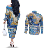 Polynesian Tribal Tattoo Couples Matching Off The Shoulder Long Sleeve Dress and Long Sleeve Button Shirt Swirling Ocean Marble Pattern